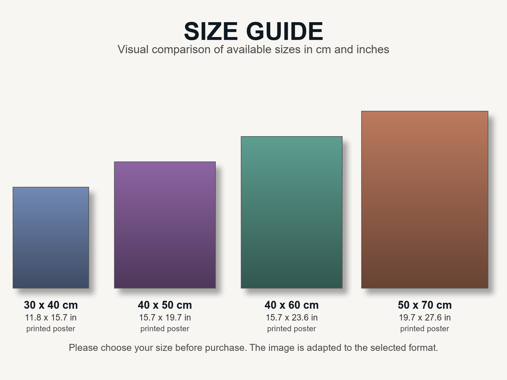 Canvas poster size guide in centimeters and inches