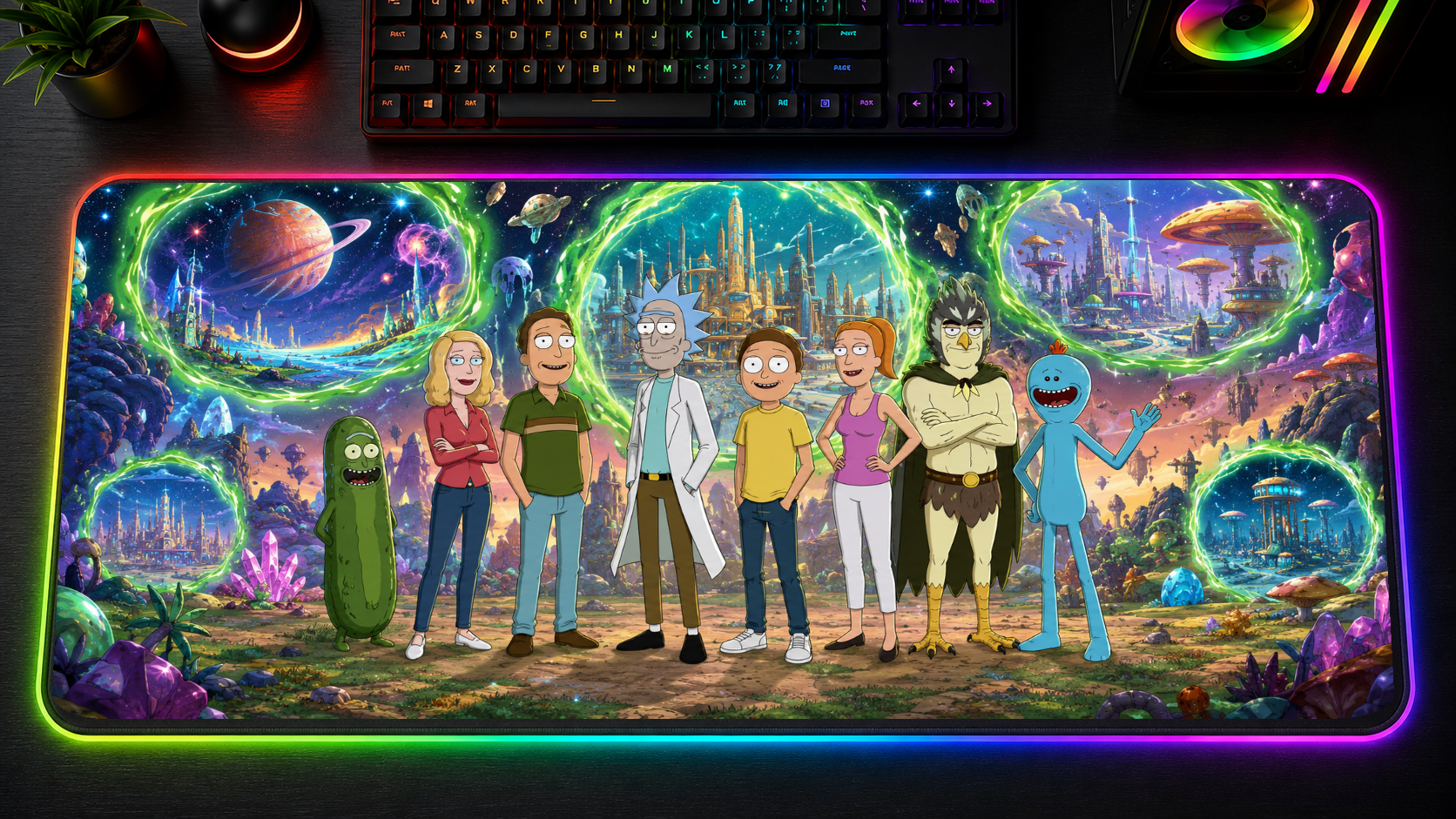 Rick and Morty inspired XXL gaming mouse pad 10 LED RGB version, 3 mm thick
